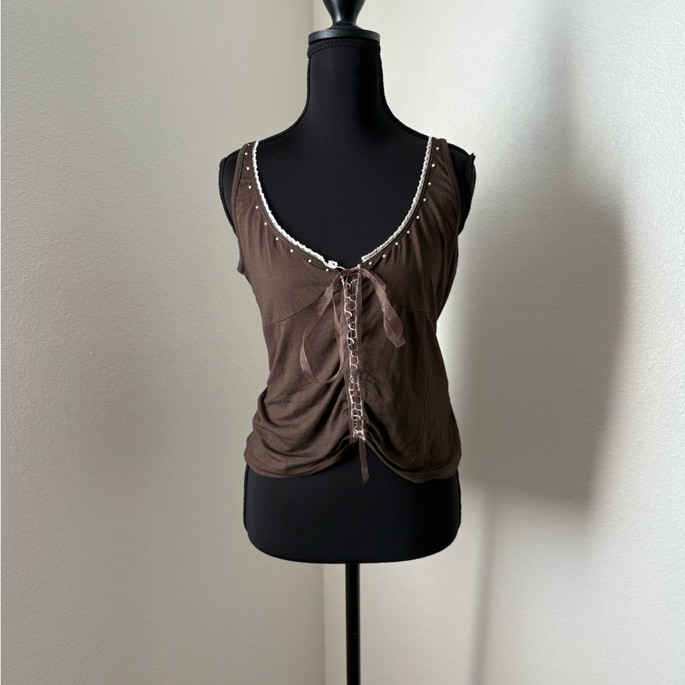Kijo Brown and White Top With Ribbon- Size XL